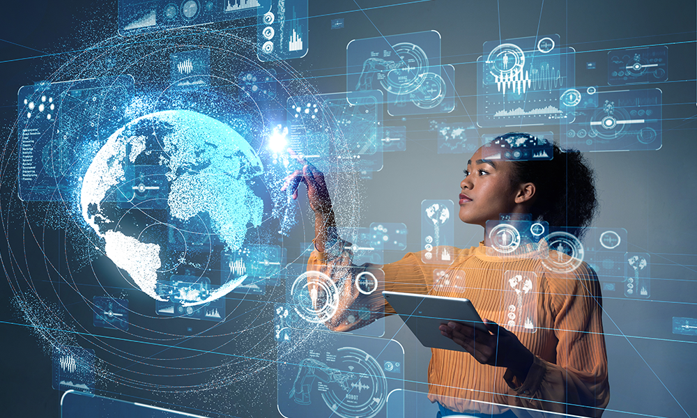 Fundamentos do Mercado de Ações: A imagem mostra uma mulher jovem interagindo com uma interface de realidade aumentada cheia de gráficos e ícones digitais, incluindo um globo holográfico, simbolizando a tecnologia avançada e a análise de dados em um ambiente futurista.